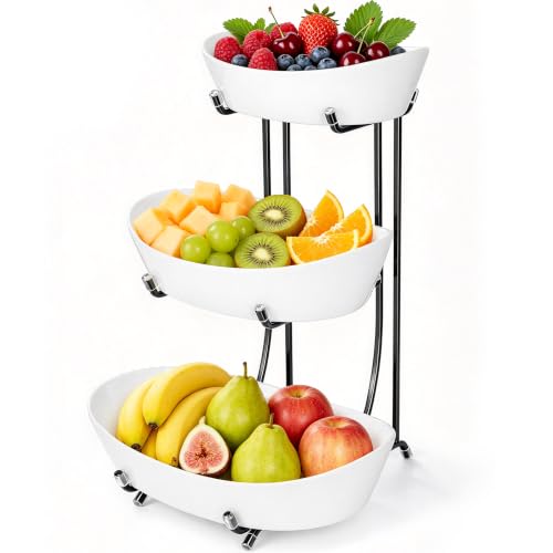 3 Tier Ceramic Fruit Bowls for Kitchen Counter, White Serving Platter - color: Black, size: 3 Tier