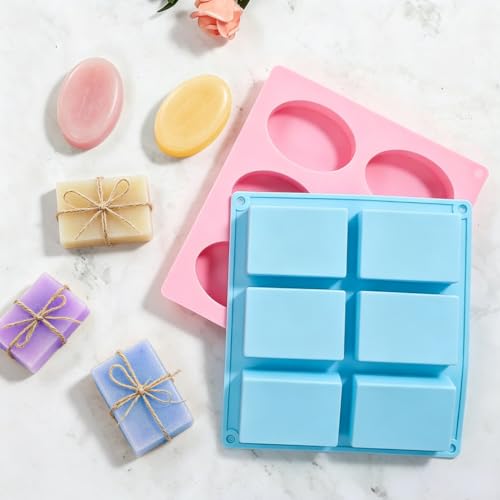 SJ Rectangle & Oval Soap Mold Set, 2-Pack 6-Cavity Silicone Soap Molds - color: Pink+Blue / Rectangular+Oval