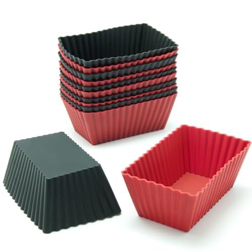 Freshware Cupcake Liners, Pack of 12 Silicone Muffin Cups, 2.8 Inch Baking Cups, Reusable & Non-stick Cupcake Liners for Party Halloween Christmas, Rectangular - color: Red & Black Rectangle [12-Pack]