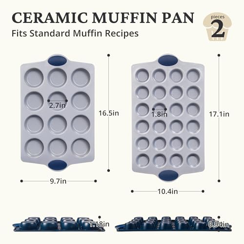 BRONYPRO 2-Pack 12 Cup and Mini 24 Cup Non Toxic Nonstick Ceramic Muffin Pan & Cupcake Tin, PFOA & PTFE Free, Heavy Duty Rust-Resistant Aluminized Steel, Oven Safe, Blue - color: Blue, size: 12+24 Cup Muffin Pan (2 pack)