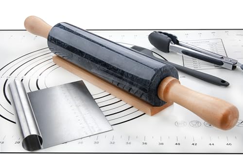 Marble Rolling Pin Set with Silicone Pastry Mat,Pastry Brush,Cooking Tongs,Stainless Steel Scraper18.5 inch Polished Non-Stick Roller for Pizza Dough,Fondant,Pie Crust(Gray Black) - color: Black Set