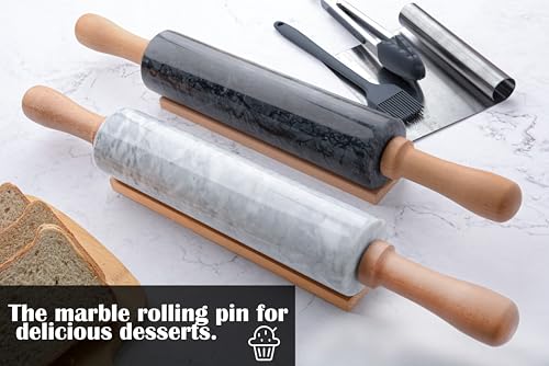 Marble Rolling Pin Set with Silicone Pastry Mat,Pastry Brush,Cooking Tongs,Stainless Steel Scraper18.5 inch Polished Non-Stick Roller for Pizza Dough,Fondant,Pie Crust(Gray Black) - color: Black Set