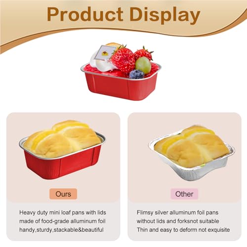 mini loaf pans with lids and spoons 50 Pack,5.5 oz Rectangle mini individual cake tins Disposable Small Aluminum Foil Baking pans(50, Red) - color: Red