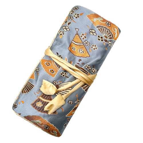 Wei Long Jewelry Roll, Travel Jewelry Roll Bag, Silk Embroidery Brocade Jewelry Organizer Case with Tie Close (Fan, Blue) - color: Fan-Blue