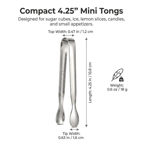 Mini Tongs Set of 4, 4.25" Silver Stainless Steel for Sugar Cubes & Ice