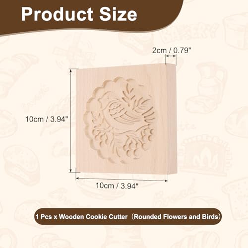 uxcell Cookie Stamp Wooden Cookie Cutter Rounded Flowers and Birds