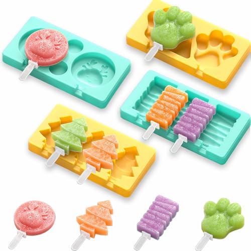 Kids Cartoon Popsicle Molds - 4 Pack, 10-Cavity Food-Grade Silicone Ice Pop Cream Molds, with Reusable Sticks, Non-Stick Flat Design, Easy Release, Stackable for Space Saving - color: fawn+cat's claw+stripes+pine tree
