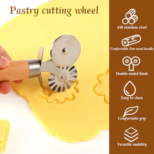 Pastry Cutter Double Wheel, Stainless Steel Ravioli Pasta Cutter Tool with Wooden Handle Professional Kitchen Baking Tool for Pasta Cookies Pie