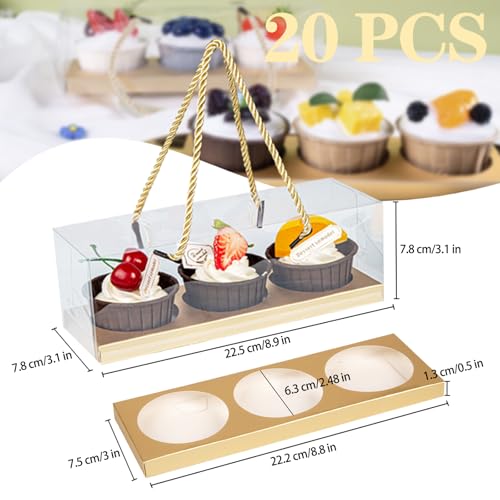 20Pcs Clear Cupcake Boxes with Handle, Cupcake Carrier for Party - color: B-Gold 9x3x3in