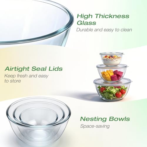 Glass Mixing Bowls with Lids Set of 5(4.7QT, 2.9QT, 2.2QT, 1.1QT, 0.53QT), Thick Glass Large Salad Bowls, Space-Saving Nesting Bowls for Kitchen Baking, Prepping, Cooking, Dishwasher, Microwave Safe