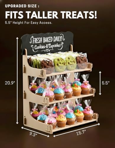 HOTCAN Cookie Display Stand for Bakers & Vendors with Acrylic Front | Wooden Dessert Stand with Chalkboard Sign for Market Booths, Craft Fairs & Events | 3 Tiered Cookie Display for Cupcakes, Muffins & Pastries (Natural) - color: Natural, size: 3 Tier