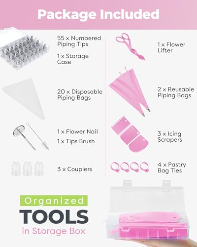 Kootek 90 Piping Bags and Tips Set Frosting Piping Kit for Beginners & Pros - color: Pink
