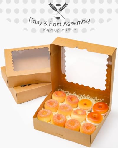 qiqee 10"x 10"x 2.5" Brown Pie Boxes with Window 120Packs Cookie Donut Bakery Box (Auto-pop Up) - color: Brown, 120Packs