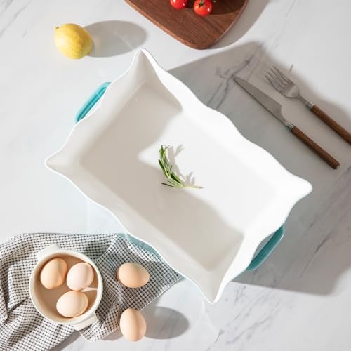 Sweejar Casserole Dishes for Oven, Ceramic Bakeware Set of 3, Rectangular Baking dish with Handles, Wave Edge Lasagna Pan Deep for Cooking, Cake, Dinner, Banquet and Daily Use (Baking dish(Set of 1), Turquoise New) - color: Turquoise New, style: Baking di