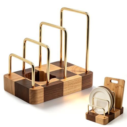 Chopping Board Rack with Rubberwood Base – 3 Slot Wood Cutting Board Holder - color: Rubberwood