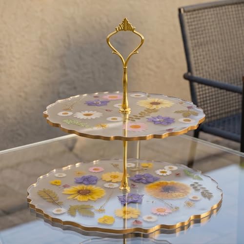GUTE Floral Cupcake & Cake Dessert Stand, Resin Flower Tower - 2 Tier Stand Tray - Large Pretty Botanical Floral Stands for Desserts Table, Gold Handle, Fruits Candy Buffet Serving Trays