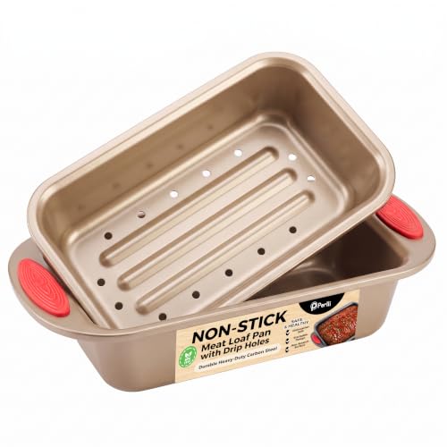 PERLLI Nonstick Meatloaf Pan with Drain Tray, Elevated Inner Pan for Fat and Grease Removal, Easy Grip Silicone Handles, Dishwasher Safe with Heavy-Duty Carbon Steel Bakeware for Even Heating (Brown) - color: Brown