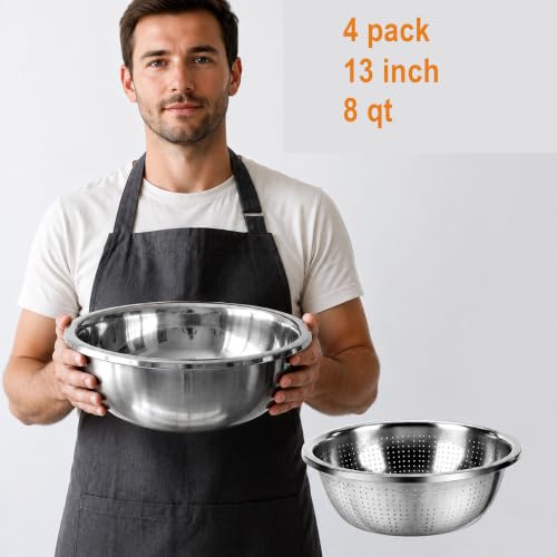4 Pcs 7 Qt Colander Stainless Steel Set, 2 Bowls & 2 Strainers