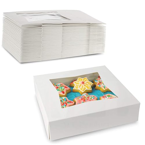 MT Products White Cookie Boxes - Size of 8" X 8" X 2.5" - (25 Pieces) Auto Pop-Up Bakery Boxes with Window - Made in the USA - color: White