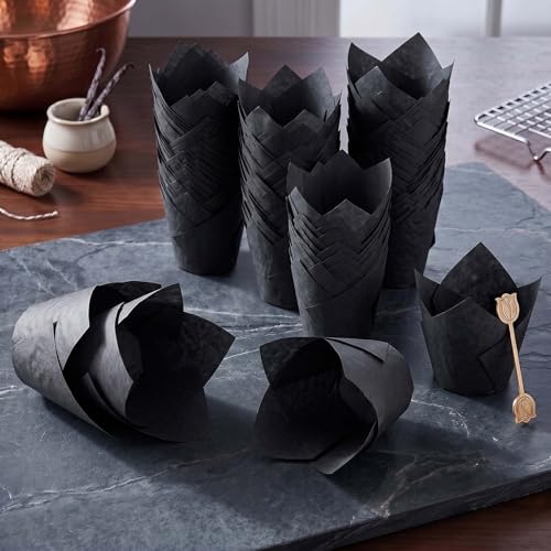 200 Pcs Black Tulip Cupcake Liners for Baking, Standard Size - color: Black