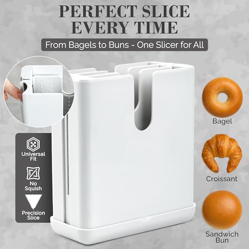 Bagel Slicer, Compact 2-in-1 Bagel Cutter with Precision Blade, Auto-Center & Knife Slot, Bagel Cutter Slicer for Large Bagels, Buns & English Muffins, Dishwasher Safe, White - color: White