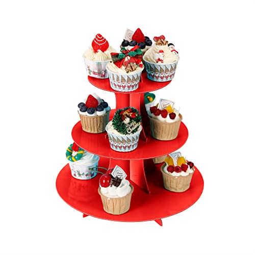 YLDW Cupcake Stand, 3-Tier Cupcake Stand Display, Cardboard Cup Cake Tower Stand, Disposable Dessert Stand for Birthday Tea Party Baby Shower Treat Decorations, Red - color: Red