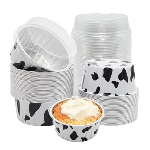 50 Pack 5oz Mini Cake Pans with Lids, Cow Print - color: Cow Print, size: Round