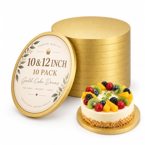 Cake Boards 10 & 12 inch Round, 10 Pack Gold Cake Drum 1/2" Thick Sturdy Corrugated Cardboard Round Cake Base for Birthday, Wedding, Dessert Decorating, Oil-Resistant - size: 10 Inch