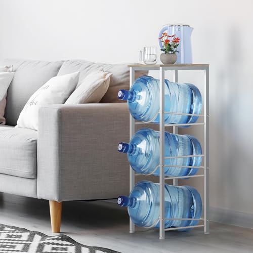 5 Gallon Water Bottle Holder Storage Rack, Water Cooler Jug Holder with Storage Shelves, 3-Tier Water Dispenser Stand for Kitchen Living Room Office, Rustic Grey - style: Square Tube Grey