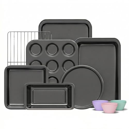 KITESSENSU Compact Baking Pans Sets, Nonstick Bakeware Sets 19-Piece with Round/Square Cake Pan, Loaf Pan, Muffin Pan, Cookie Sheet, Roast Pan, Cooling Rack, Carbon Steel Bake Set - size: Gray