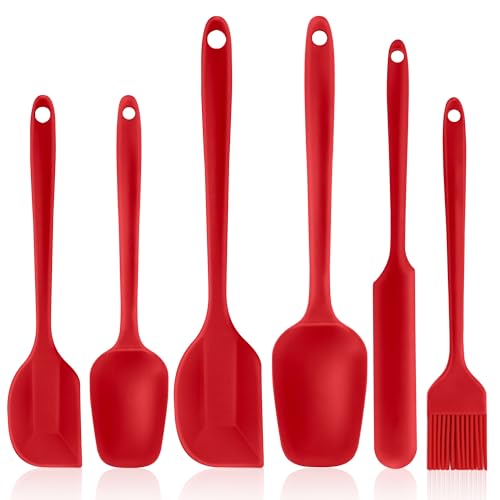 Silicone Spatula Set 6 Pack Food Grade Kitchen Utensils with Silicone Brush - color: Red