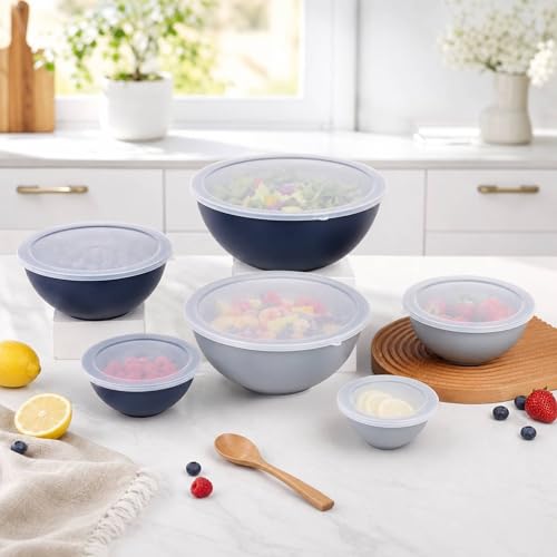 BoxedHome BPA Free Plastic Round Mixing Bowl with Lids, 12 Pack Nesting Bowls with Lids Set, Microwave and Dishwasher Safe Prep & Serving Bowls Great for Mixing, Baking, Serving (Haze Blue, 12pcs) - color: Haze Blue