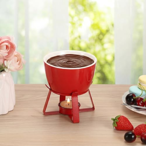 BSTKEY 320ML Ceramic Butter Warmer Set with 2 Dipping Forks, Fondue Pot Melting Pot Set, Melt Hot Pot Bowl Set for Cheese Chocolate Butter Caramel (Red) - color: Red