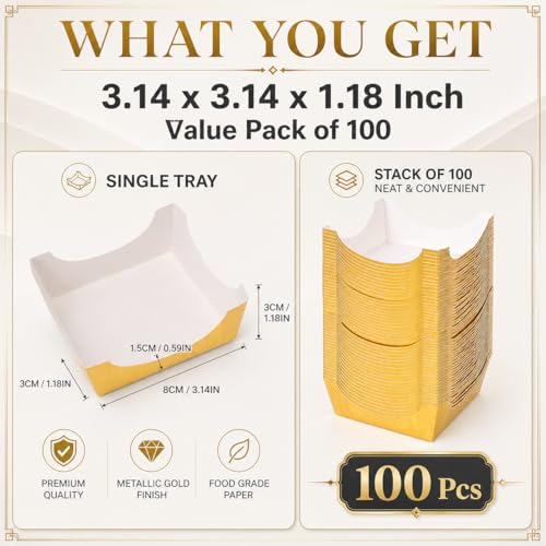 100 Pcs Square Cupcake Liners, Gold Paper Baking Cups for Muffin, Disposable Dessert Mousse Tray, Brownie Pastry Wrappers for Party Wedding