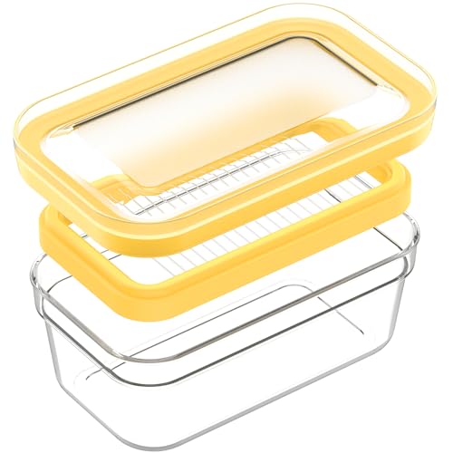 UNIVIVO 280g Butter Slicer Cutter and Airtight Container for Fridge, 2-in-1 PC Butter Dish with Stainless Steel Wires for Easy Portion Control, Slices After 15-20 Mins Softening, Clear Butter Keeper - size: Medium-Yellow