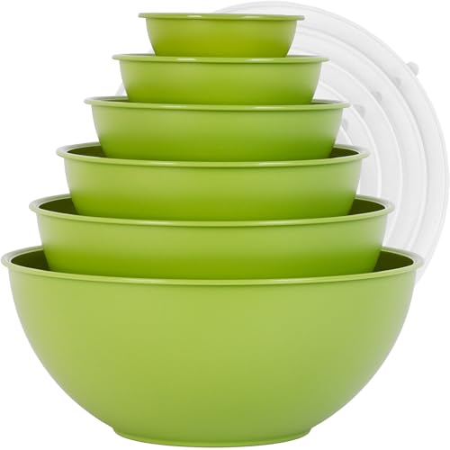 BoxedHome BPA Free Plastic Round Mixing Bowl with Lids, 12 Pack Nesting Bowls with Lids Set, Microwave and Dishwasher Safe Prep & Serving Bowls Great for Mixing, Baking, Serving (Light Green, 12pcs) - color: Light Green
