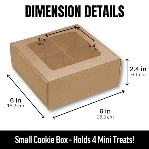25 pcs Kraft Mini Cookie Boxes for 4 treats with Window and Dividers, Kraft Bakery Boxes, 6 x 6 x 2.4 Inches SMALL Baking Boxes, Square Cookies Box Decorating Supplies for Gift Giving - color: Kraft