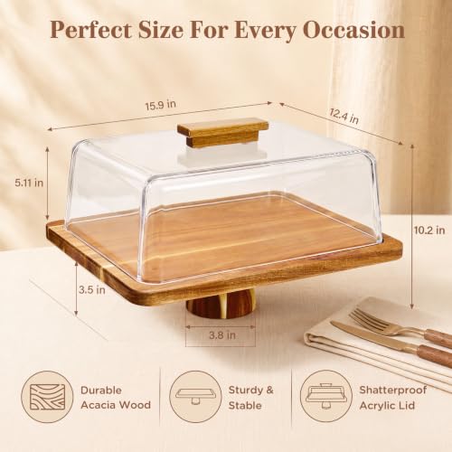 Cake Stand, 2 in-1 Cake Stand with Lid, 16” x 12.4” Acacia Wood Cake Holder