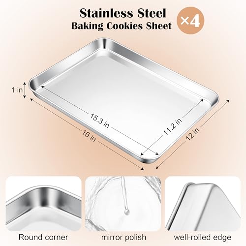 E-far Stainless Steel Baking Sheet Set of 4, 16” x12” x 1” Cookie Sheet Pan - size: 16"x 12"