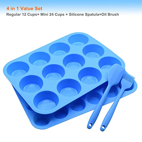 Silicone Muffin Pan Cupcake Set,Non-Stick 12 Cups and Mini 24 Cups - color: Blue
