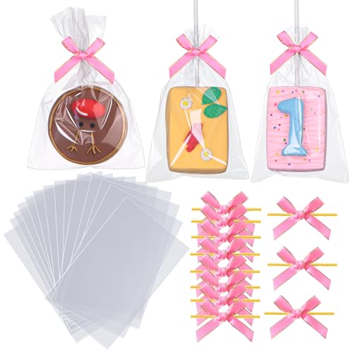 TEMLQPACK 100PCS 4x6 Inches Clear Self-Sealing Cellophane Rice Krispie Treat Bags with Pink Bow Accessories, Resealable for Cookie Candy Jewelry Crafts Small Product Packaging - color: pink-4x6Inch-100pcs
