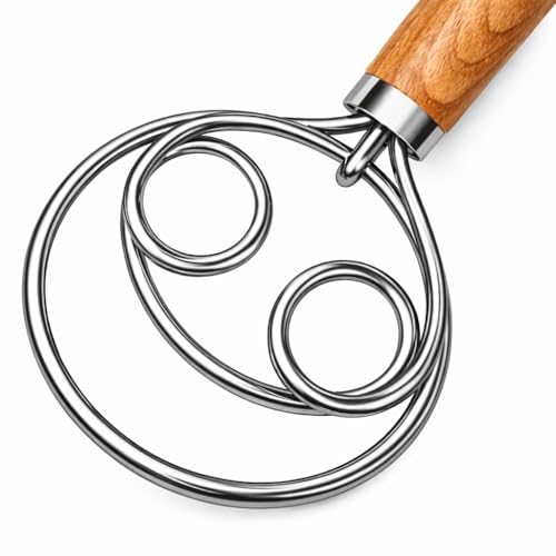 Danish Dough Whisk for Sourdough Bread – 13 Inch 2 Loop Stainless Steel Dutch Bread Whisk – Heavy Duty Dough Mixer for Bread Pizza Pastry Cookies – Ergonomic Oak Handle BPA Free - size: 2-Loop Classic
