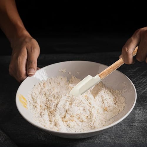 Ptwola 2 Pcs Wooden Handle Spatula Set White Silicone Spatulas Small Scraper Rubber Kitchen Utensil for Chefs Professional Baking Cooking Mixing Jar Bowl Frosting Dishwasher Safe Use
