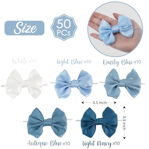 AIMUDI 5 Colors Dusty Blue Bows 3.5" Satin Bows with Twist Ties Blue Bow for Gift Wrapping Crafts Treat Bags Candy Cake Pop Premade Bow for Wedding Baby Shower Birthday Party Decoration, 50 PCs - color: Dusty Blue Shade