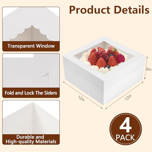 NEOACT 4 Pack Cake Boxes, White Cake Boxes with Window, 12x12x6 In - color: White-Cake Boxes, size: 12x12x6 inches