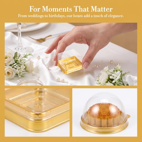 DOITOOL Clear Plastic Mini Cake Box 100 Pack Square Mini Cupcake Containers Mooncake Boxes Muffin Pod Dome Muffin Single Container for Wedding Birthday Supplies (Golden)