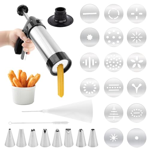 Churro Maker Kit with 16 Discs, 8 Nozzles & Piping Bag, Cookie Press