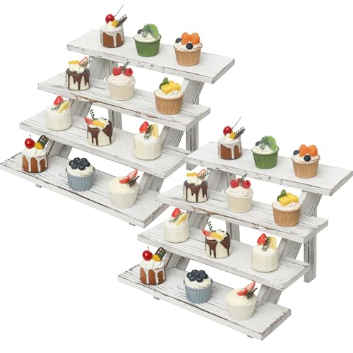 SwallowLiving 2pcs Wooden Rustic Cupcake Stand for 24 Cupcakes, Stepped Wood Display Stand for Weddings, Tiered Party Table Display Riser for Food , Dessert, Cookie, Decor, Craft Show, White - color: 2PCS | White | 4-tier