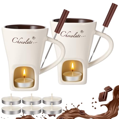 Honeydak 2 Set Chocolate Fondue Mug with Fork ＆ Candle, White - color: White