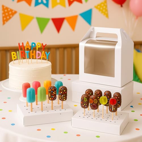 12Pcs Portable Cake Pop Holder Boxes, White Candy Boxes with Clear Window Cakes Pop Boxes Packaging Gift Cakes Pop Stand for Lollipops, Candy Pops, Wedding Birthday Baby Shower Party